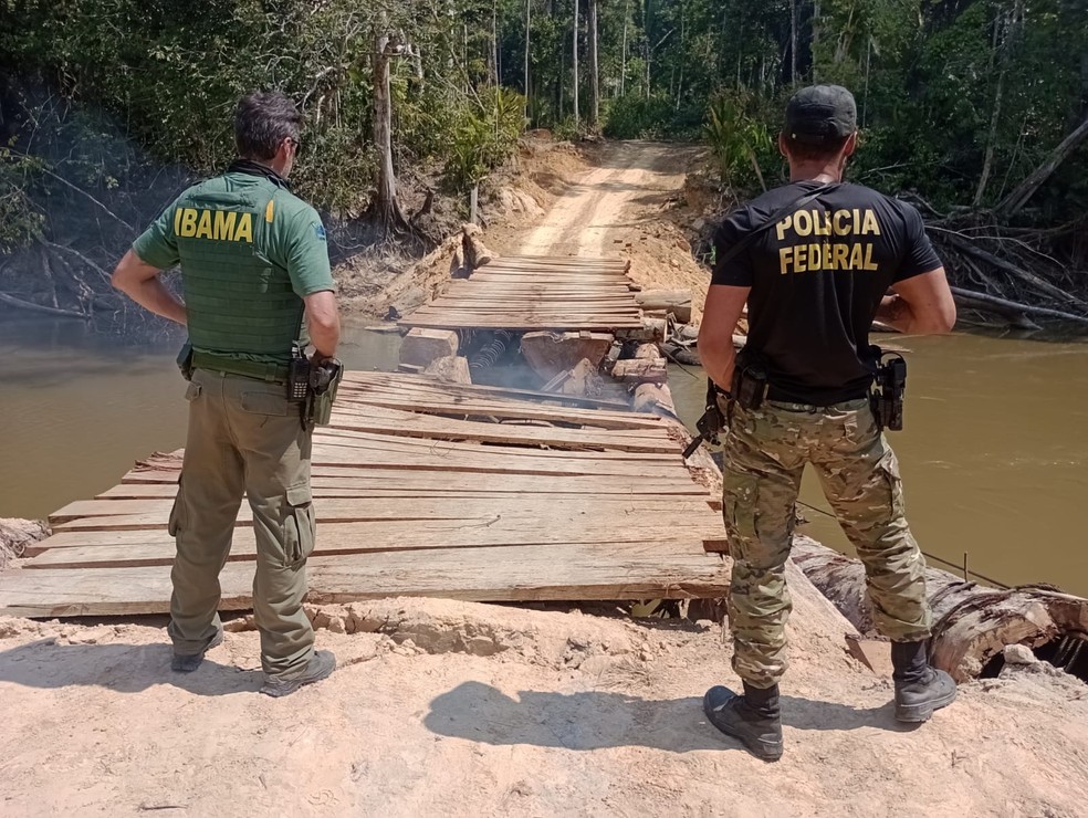 Ponte de madeira foi destruída em ação policial na reserva indígena Karipuna — Foto: PF/Reprodução