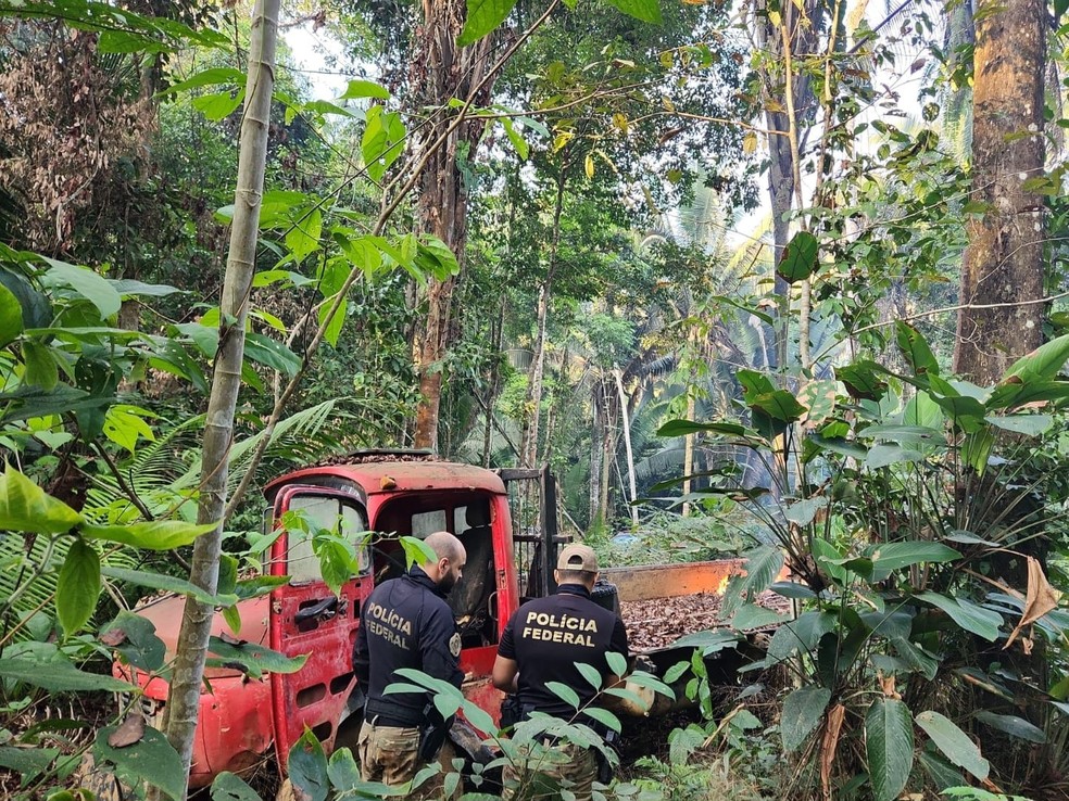 Caminhão é encontrado dentro de área de proteção ambiental — Foto: PF/Reprodução