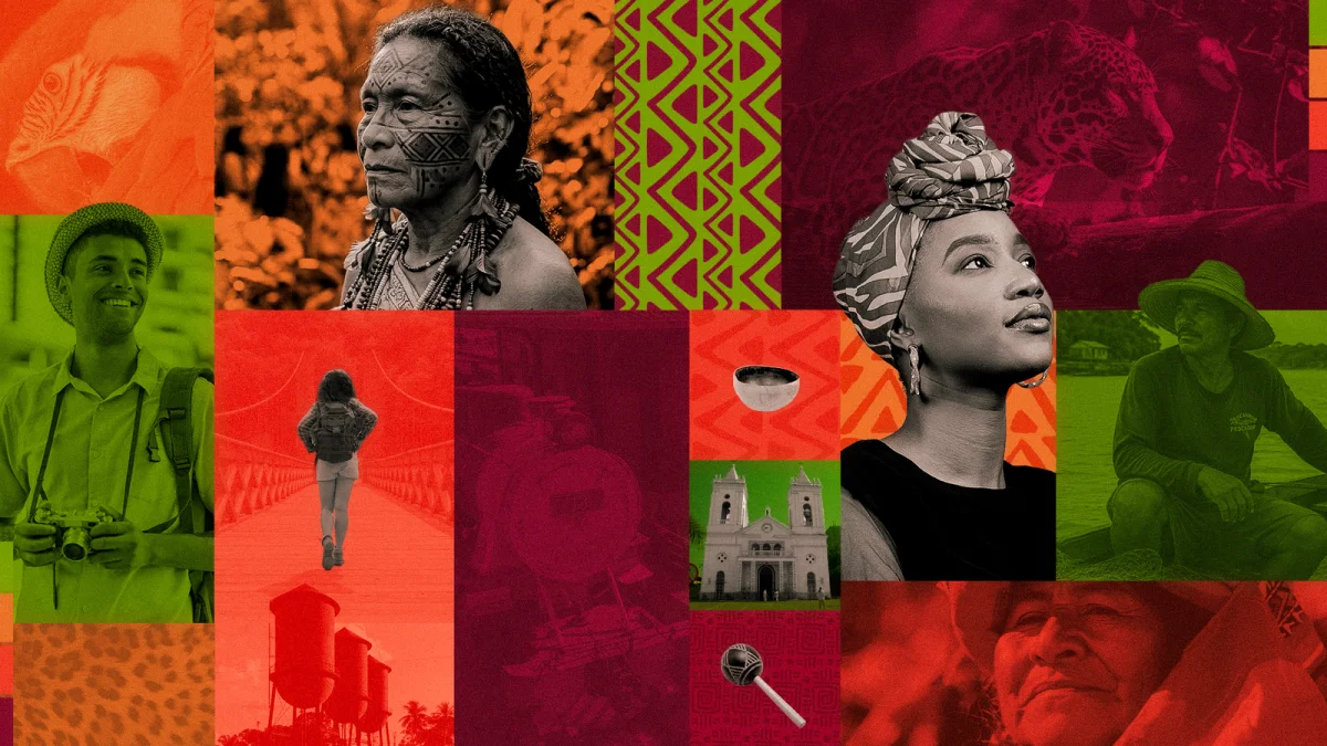 Colagem artística sobre turismo, cultura, povos tradicionais, natureza e experiências de Rondônia